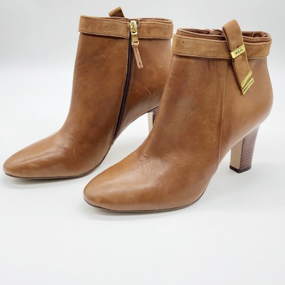 Lauren Ralph Lauren caramel colored leather Brin ankle boots with 3-4" heel - Picture 2 of 15